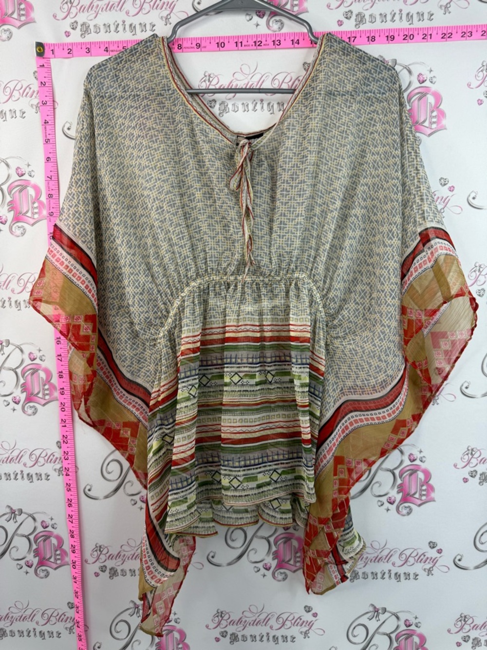 Passport blouse flowy Beige Boho Tunic with Red, Green and Gold Stripes